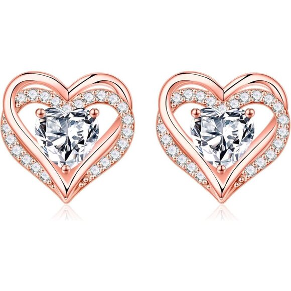 925 Silver Heart Stud Birthstone Earrings Rose-Gold-Plated-04-Apr-White Topaz